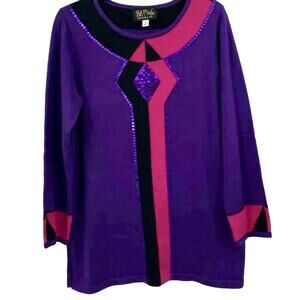 VTG Bob Mackie Womens Multicolor Purple Long Sleeve Sequined Sweater Size M‎